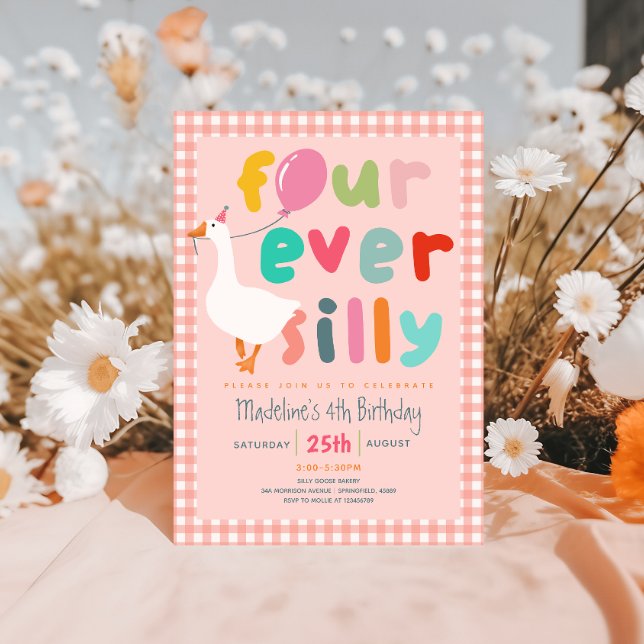 Girls Pink “Four Ever Silly” Goose 4th Birthday Invitation (Creator Uploaded)