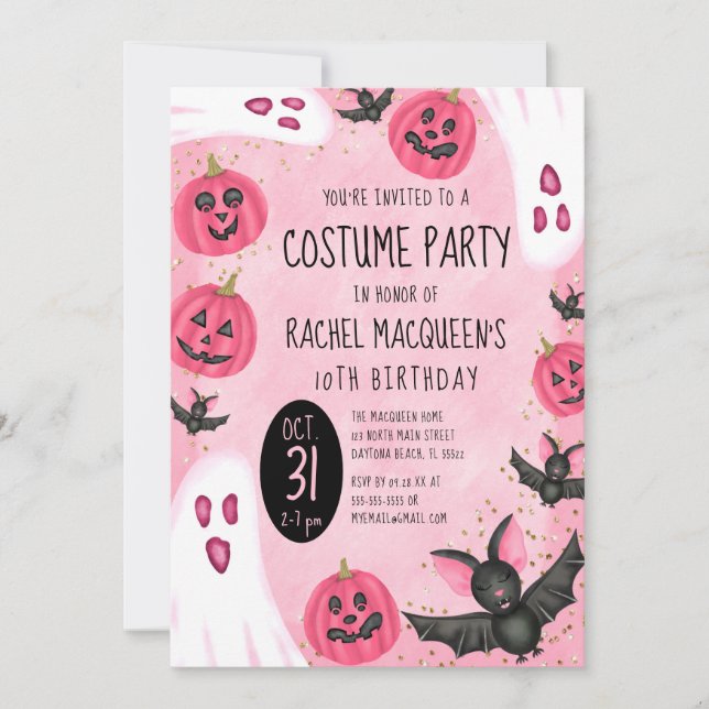 Girl's Pink Ghost Bat Costume Halloween Birthday Invitation (Front)