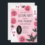 Girl's Pink Ghost Bat Costume Halloween Birthday Invitation<br><div class="desc">This cute and spooky girl's birthday party invitation is perfect for the Halloween season. It features hand-drawn watercolor illustrations including; ghosts, bats, and pumpkin jack o'lanterns on top of faux printed sparkly gold glitter confetti and a pink abstract background. The colour scheme includes blush pink, girly pink, black, and white....</div>