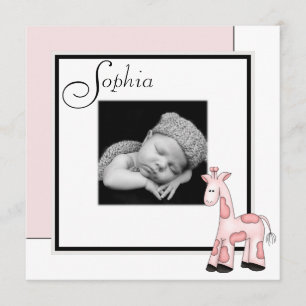 Girls Pink Giraffe Photo Birth Announcement