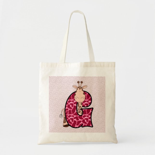 Girls Pink Giraffe with Letter G Tote Bag (Front)