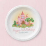 Girls Pink Girly Fairytale Princess Kids Birthday Paper Plate<br><div class="desc">This pink and girly fairytale-themed kids birthday paper plate design features a modern prince and princess, with an enchanted castle, butterfly’s, flowers, hares, a magical deer, and whimsical mushrooms. This magical “once upon a time” design can be easily personalised with your girls name and age. The perfect enchanted addition to...</div>