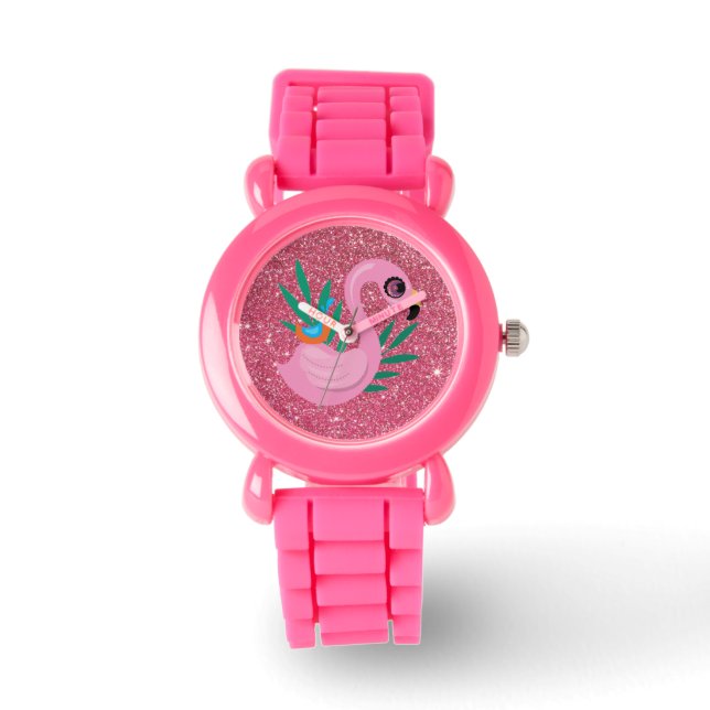 Girls Pink Glitter Flamingo Watch (Front)