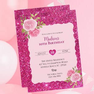 Girls Pink Glitter Floral 10th Birthday Party   Invitation