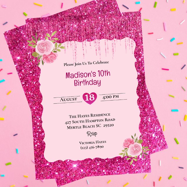 Girls Pink Glitter Floral 10th Birthday Party   Invitation (Creator Uploaded)