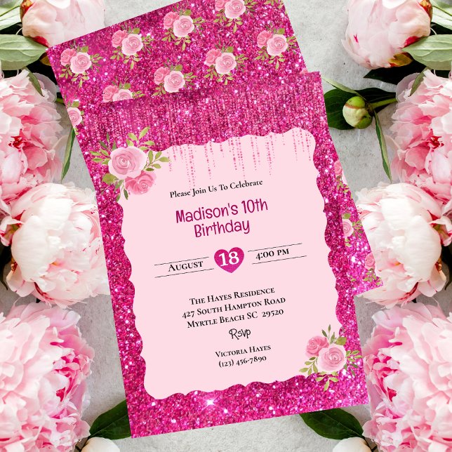Girls Pink Glitter Floral 10th Birthday Party   Invitation (Creator Uploaded)