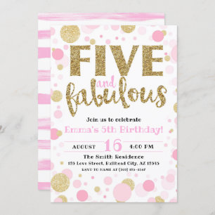 Girl's Pink & Gold Five & Fabulous 5th Birthday Invitation