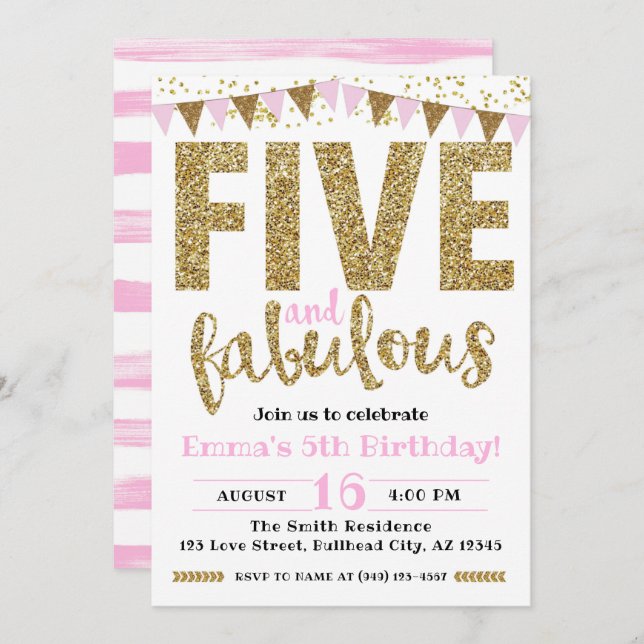 Girl's Pink & Gold Five & Fabulous 5th Birthday Invitation (Front/Back)