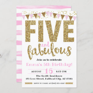 Girl's Pink & Gold Five & Fabulous 5th Birthday Invitation