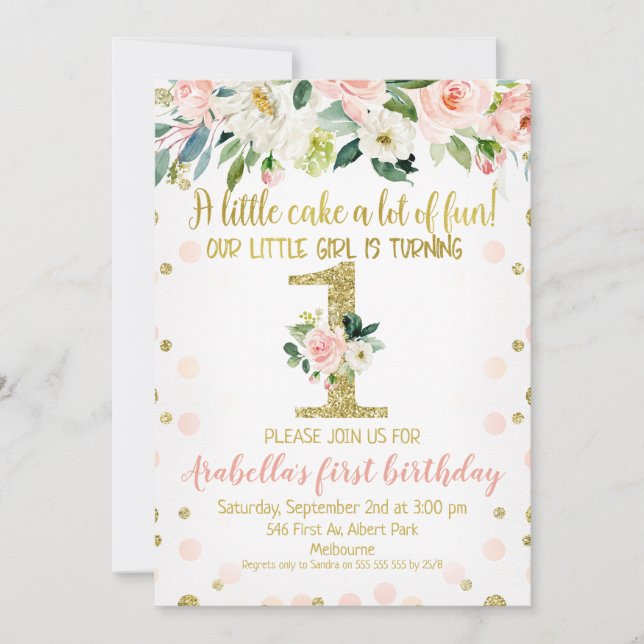 Girls Pink Gold Floral 1st Birthday Invitation (Front)
