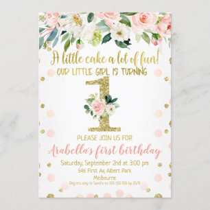 Girls Pink Gold Floral 1st Birthday Invitation