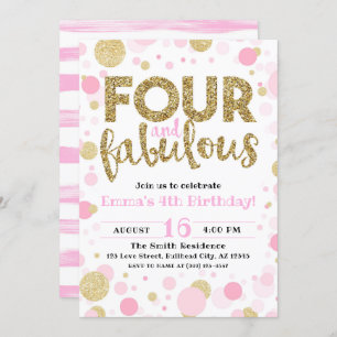 Girl's Pink & Gold Four & Fabulous 4th Birthday Invitation