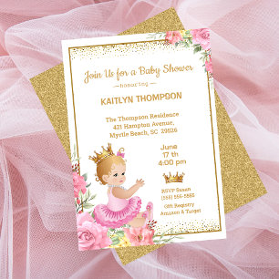 Girls Pink Gold Princess Baby Shower Invitation
