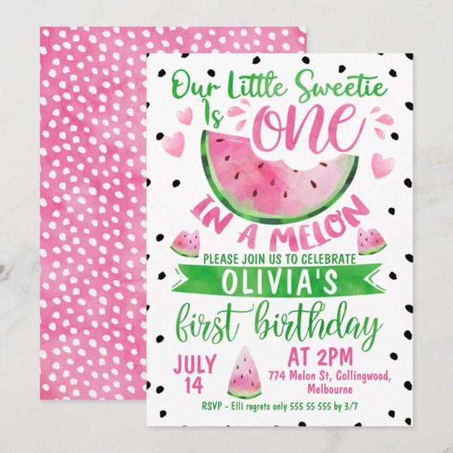 Girls Pink Green One In A Melon 1st Birthday Invitation (Front/Back)
