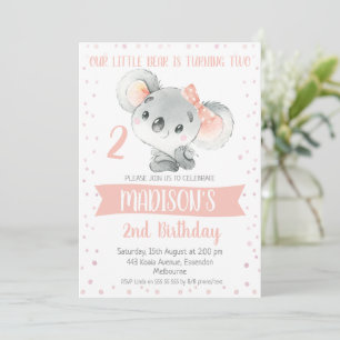 Girls Pink Grey Koala Bear Birthday Invitation