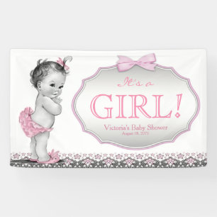 Girls Pink Grey Lace Bow Baby Shower Banner