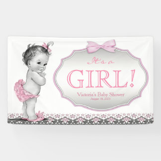 Girls Pink Grey Lace Bow Baby Shower Banner