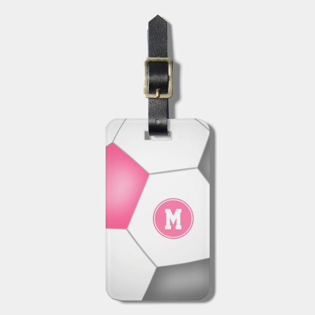 girls pink grey white soccer monogrammed luggage tag (Front Vertical)