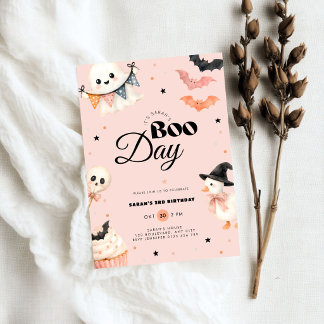 Girls Pink Halloween Boo Day 3rd Birthday Invitation