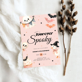 Girls Pink Halloween Fourever Spooky 4th Birthday Invitation