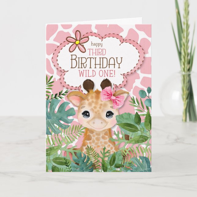 Girl's Pink Jungle Giraffe Theme 3rd Birthday Card (Front)
