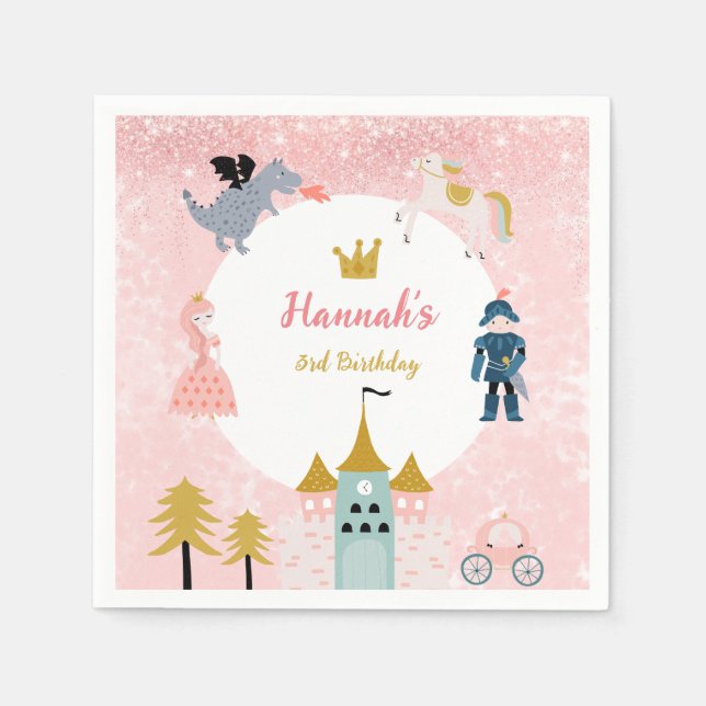 Girls Pink Magical Princess Castle Birthday Napkin (Front)