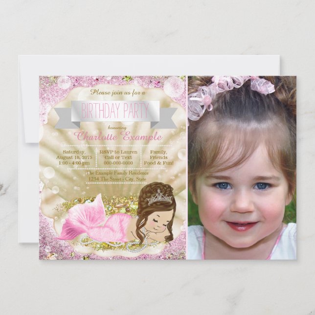 Girls Pink Mermaid Birthday Party Invitation (Front)