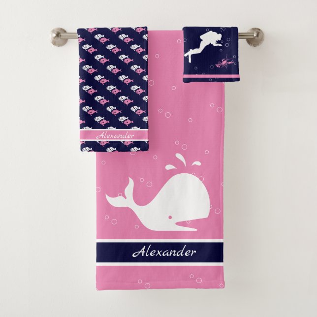 Girls pink Monogram Name Cartoon Whale Navy Blue  Bath Towel Set (Insitu)