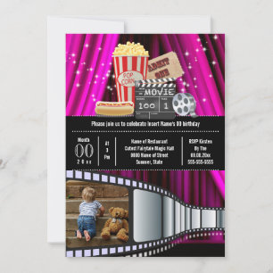 Girls pink movie theme birthday party photo invitation