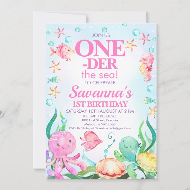 Girls Pink Octopus Oneder The Sea 1st Birthday Invitation (Front)