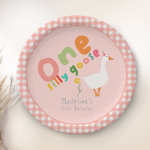 Girls Pink One Silly Goose First Birthday Paper Plate