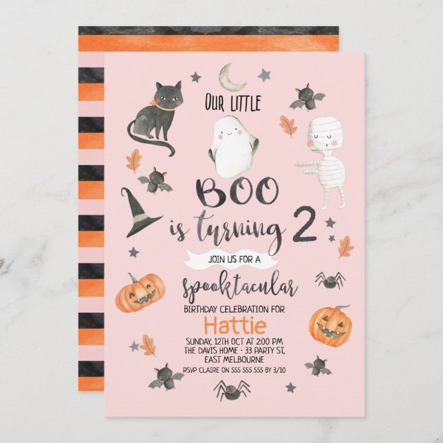 Girls Pink Orange Gray Halloween Birthday Invitation (Front/Back)