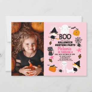 Girls Pink Orange Halloween Photo Birthday Invitation