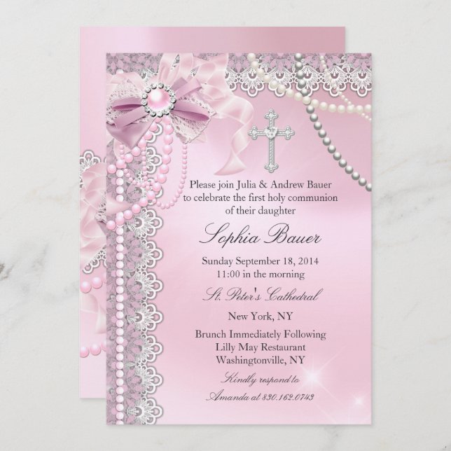 Girls Pink Pearl Bow Cross Holy Communion Invitation (Front/Back)