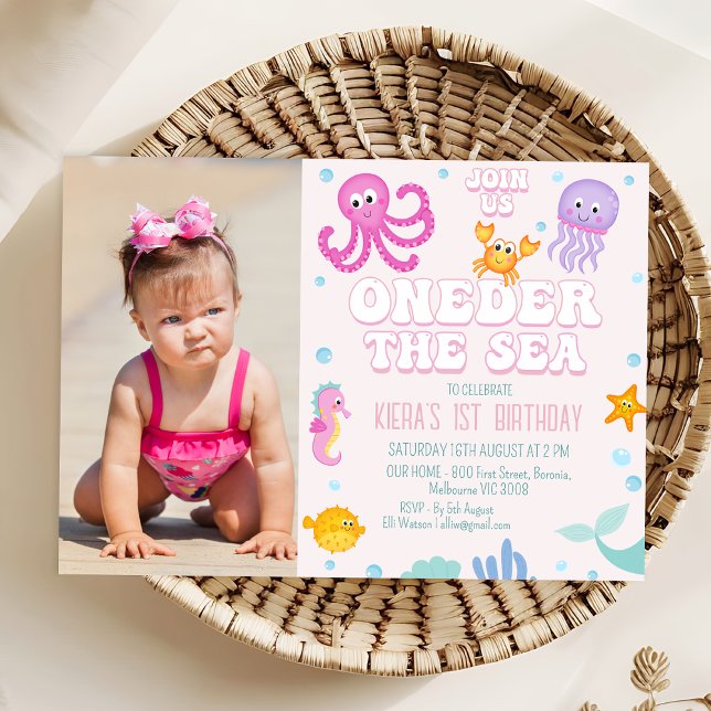 Girls Pink Photo Oneder the Sea 1st Birthday Invitation (Photo Oneder the Sea 1st Birthday Invitation Template Girl, Pink Under The Sea 1st Birthday Invite)