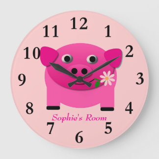 Girl's Pink Pig Wall Clock Personalised With Name