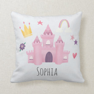 Girls Pink Princess Castle and Crown Kids Nursery Cushion