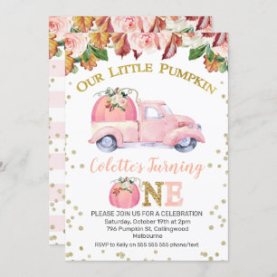 Girls Pink Pumpkin Truck 1st Birthday Invitation