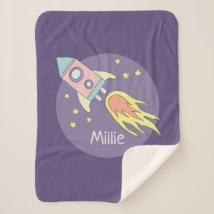 Girl's Pink Rocket Ship Space Galaxy and Name Sherpa Blanket