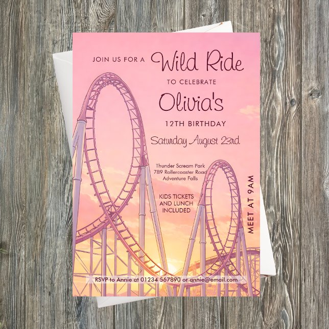Girls Pink Rollercoaster Birthday Invitation (Pink Rollercoaster Girls Birthday Party Invitation)