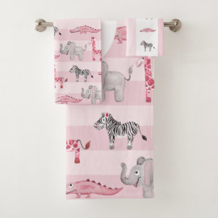 Girl's Pink Safari Animal Pattern & Name Kids Bath Towel Set