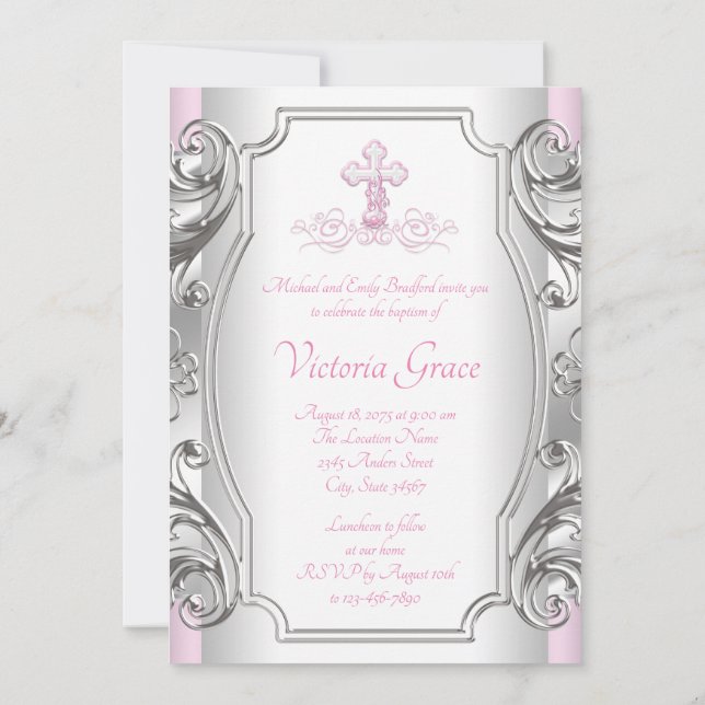Girls Pink Silver Cross Girl Baptism Christening Invitation (Back)