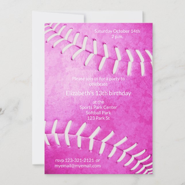 girls pink softball birthday or team party invitation (Front)