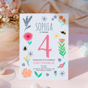 Girls Pink Spring Floral Bee Kids Birthday Invitation