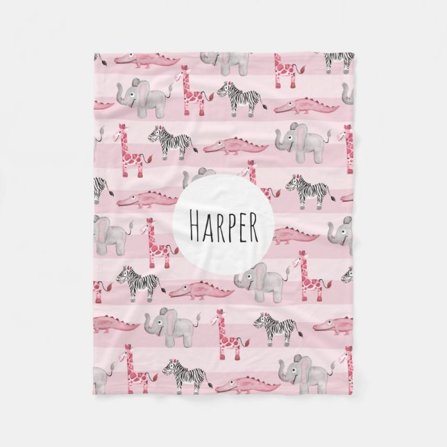 Girl's Pink Striped Safari Animals Name Children's Fleece Blanket (Front)