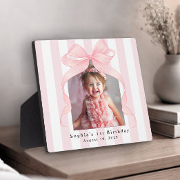 Girls Pink Stripes Birthday Photo with Bow Plaque