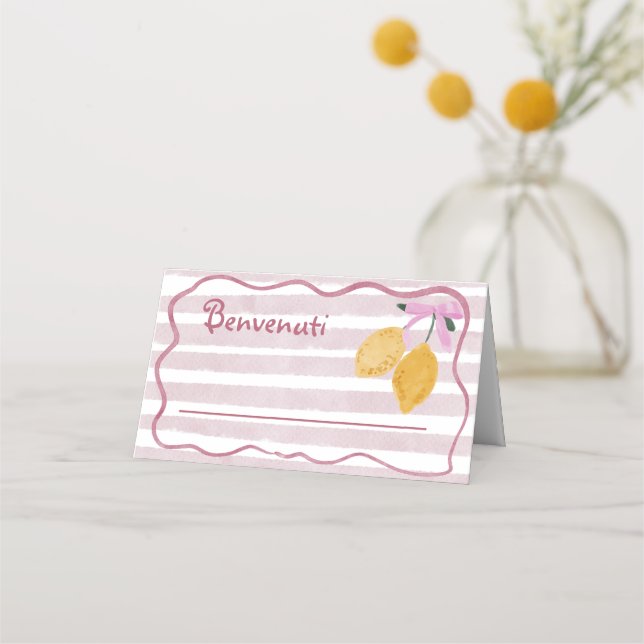 Girls Pink Stripes Lemon Watercolor Name Place Card (Front)