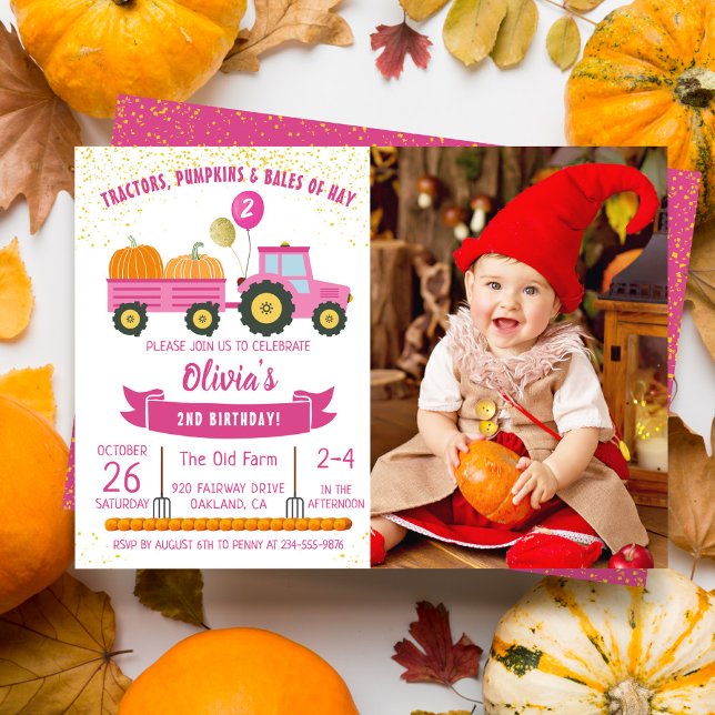 Girls Pink Tractor Pumpkin Fall Birthday Photo Invitation (Creator Uploaded)