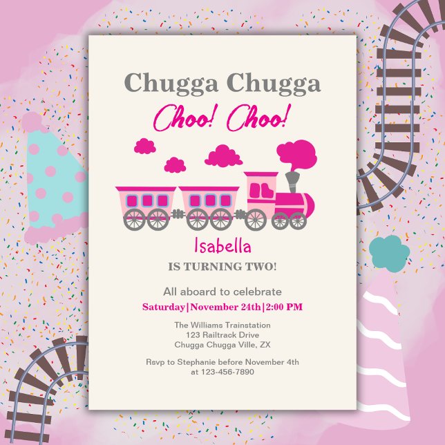 Girls Pink Train 2nd Birthday Party Invitation (Creator Uploaded)