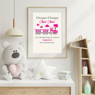 Girls Pink Train 2nd Birthday Party Poster